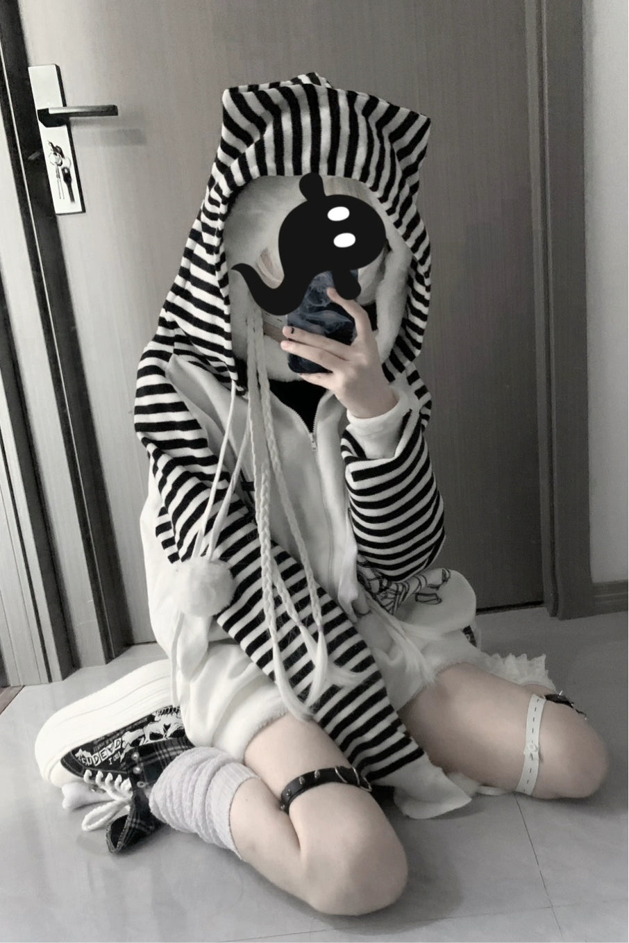 Yami Kawaii Coat Black White Striped Sweater Cat Ear Hoodie (L M) 40028:648914