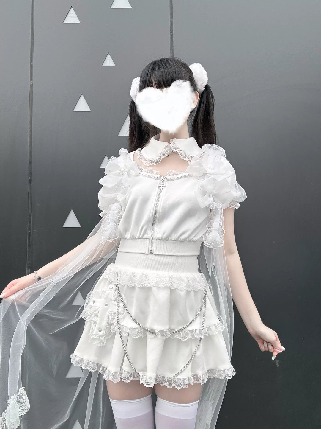 Jirai Kei Skirt & Zip-up Top, Tulle Vest 45009:838767