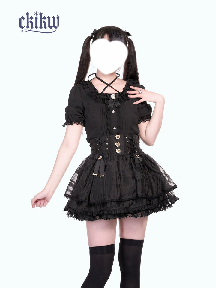 High-Waist Ryousangata Skirt, Tiered Ruffles 43612:780896
