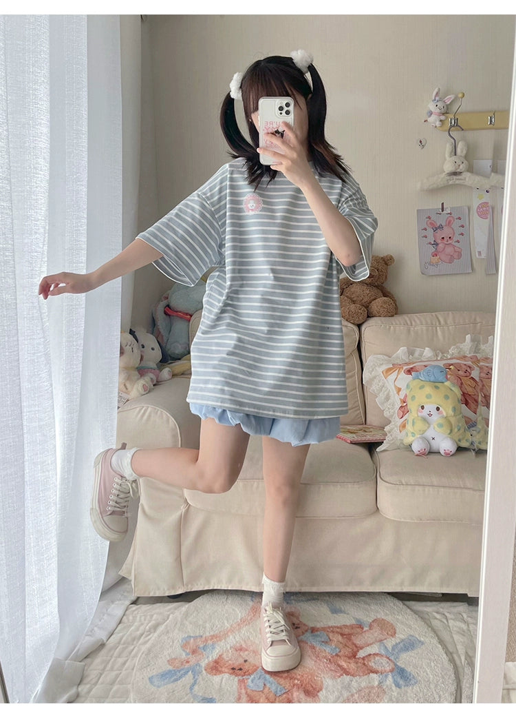 Kawaii Aesthetic Shirt Striped Short Sleeve Cotton Top 36562:518472