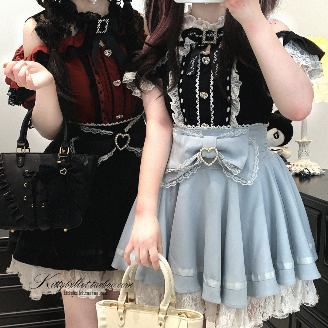 Lace Open Shoulder Jirai Kei Blouse, Heart Rhinestone 43692:783129