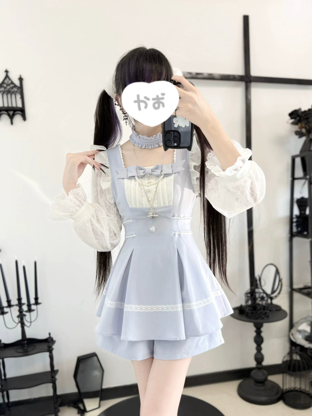 Ryousangata Lace Sleeves Dress, Pintucks and Pearl Chain 45103:834959
