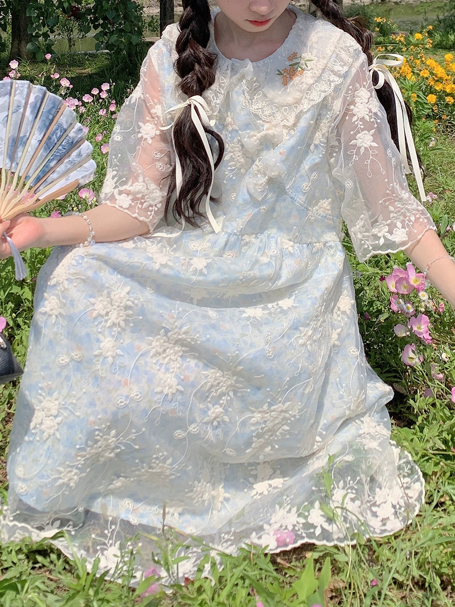 Kawaii Mori Kei Dress Blue Floral Sweet Dress 36206:523474
