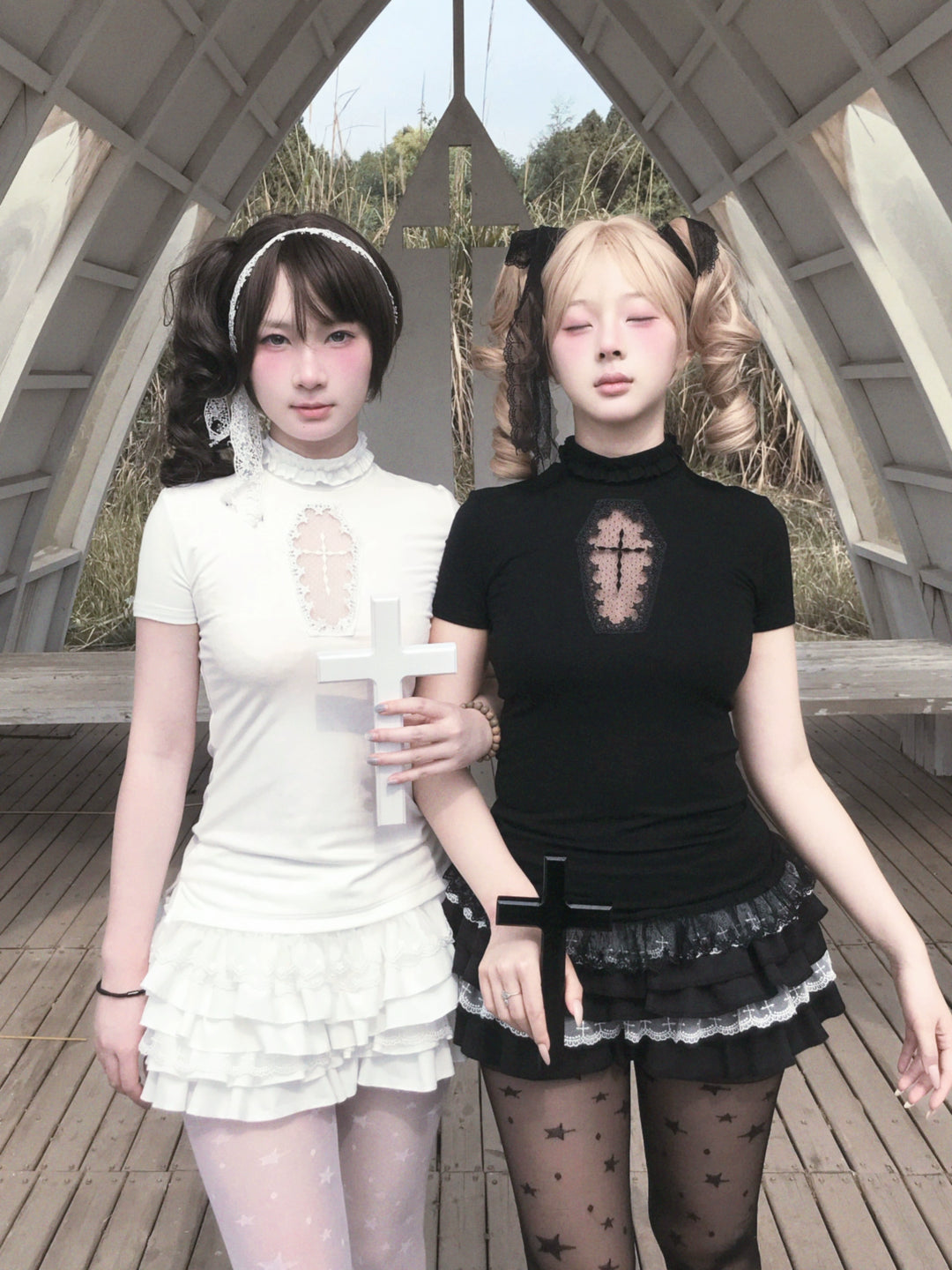 Gothic Cross-Detailed Top & Tiered Ruffle Bloomers 43079:764540