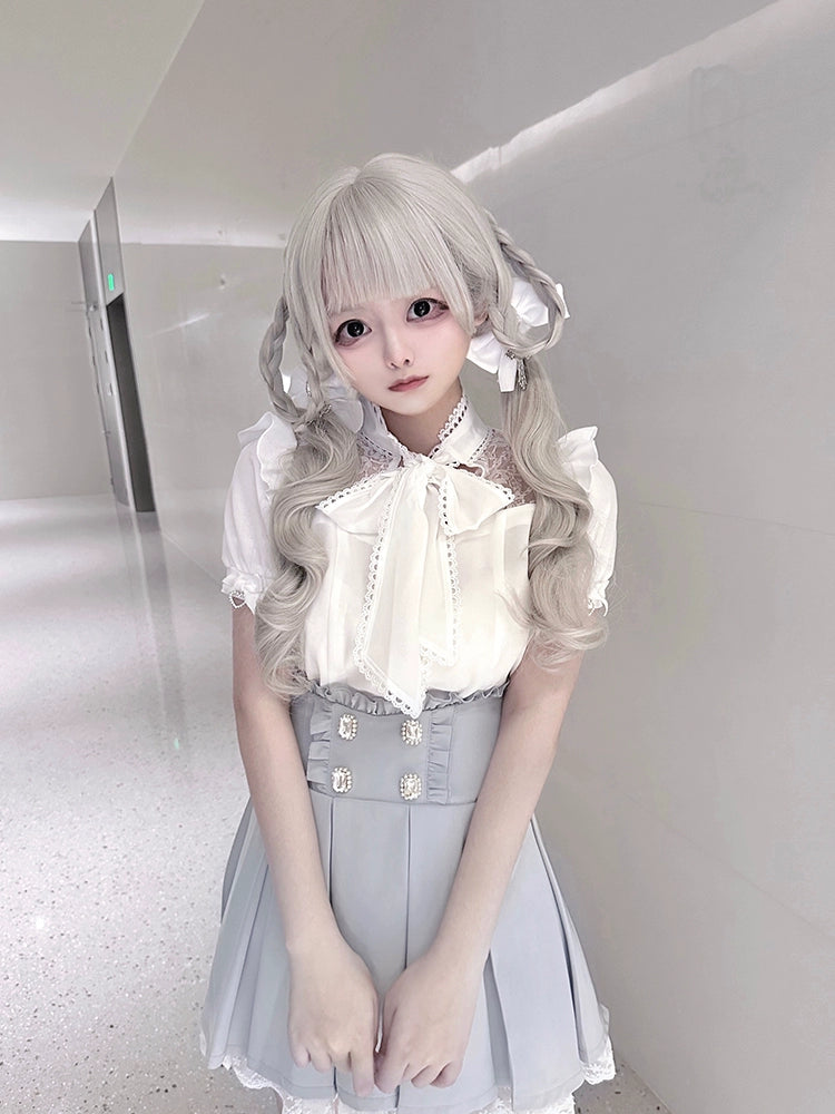 White Jirai Kei Blouse with Ribbon & Blue Pleated Skirt With Elastic Band 42979:760046