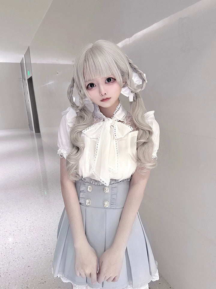 White Jirai Kei Blouse with Ribbon & Blue Pleated Skirt With Elastic Band 42979:760046