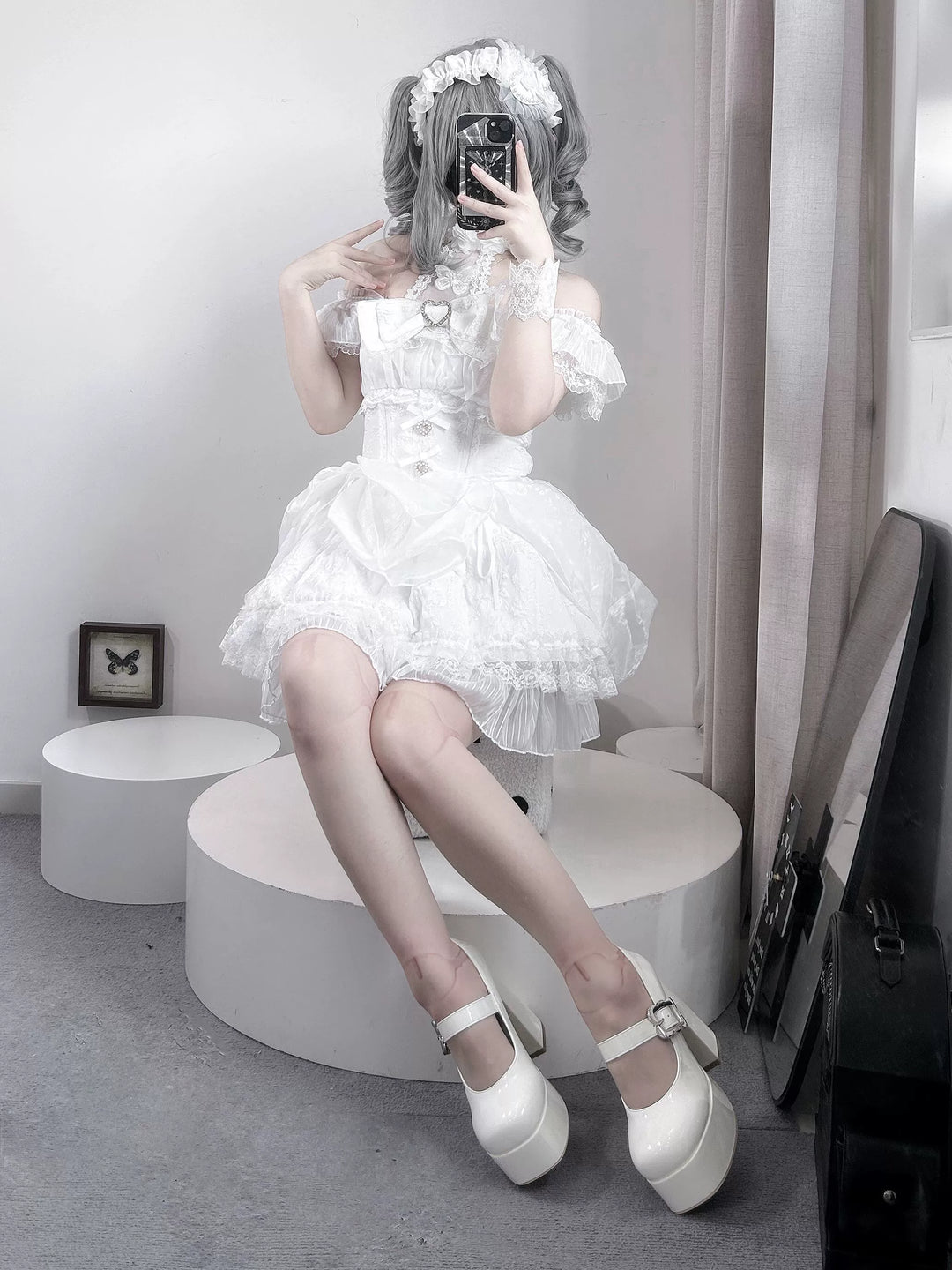 Black / White Jirai Kei Dress With Floral Lace & Halter Neck 43105:771123