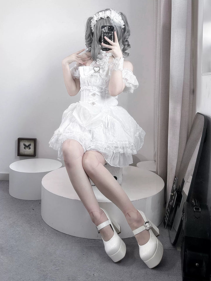 Black / White Jirai Kei Dress With Floral Lace & Halter Neck 43105:771123