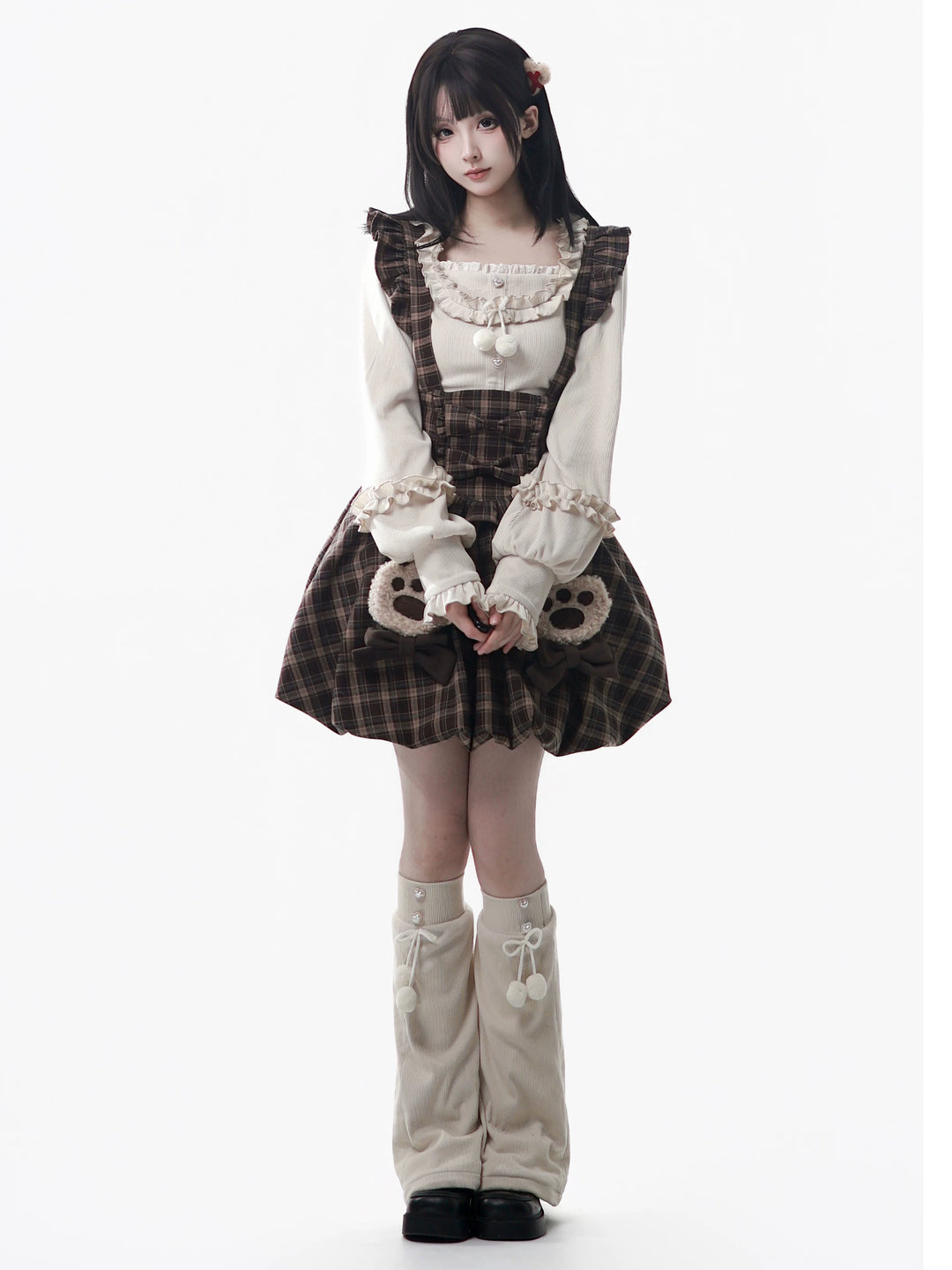 Winter Plaid Suspender Bubble Skirt, Bear Ear Plush Cape 45991:872141