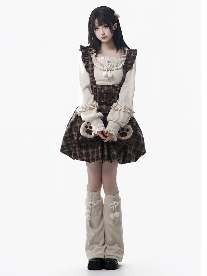 Winter Plaid Suspender Bubble Skirt, Bear Ear Plush Cape 45991:872141