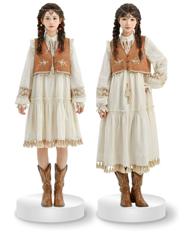 Mori Kei Dress Set Bohemian Vest With Tassels Ethnic Dress 39268:644912