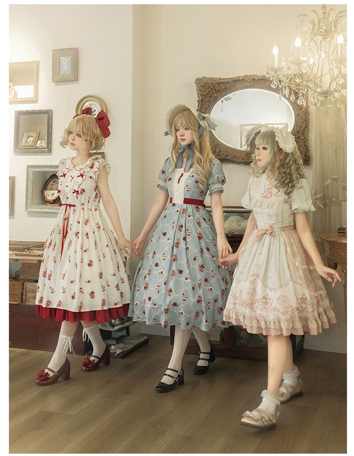 Classic Lolita Dress With Short Sleeve And Floral Tea Pot Print Multicolor 37134:552450