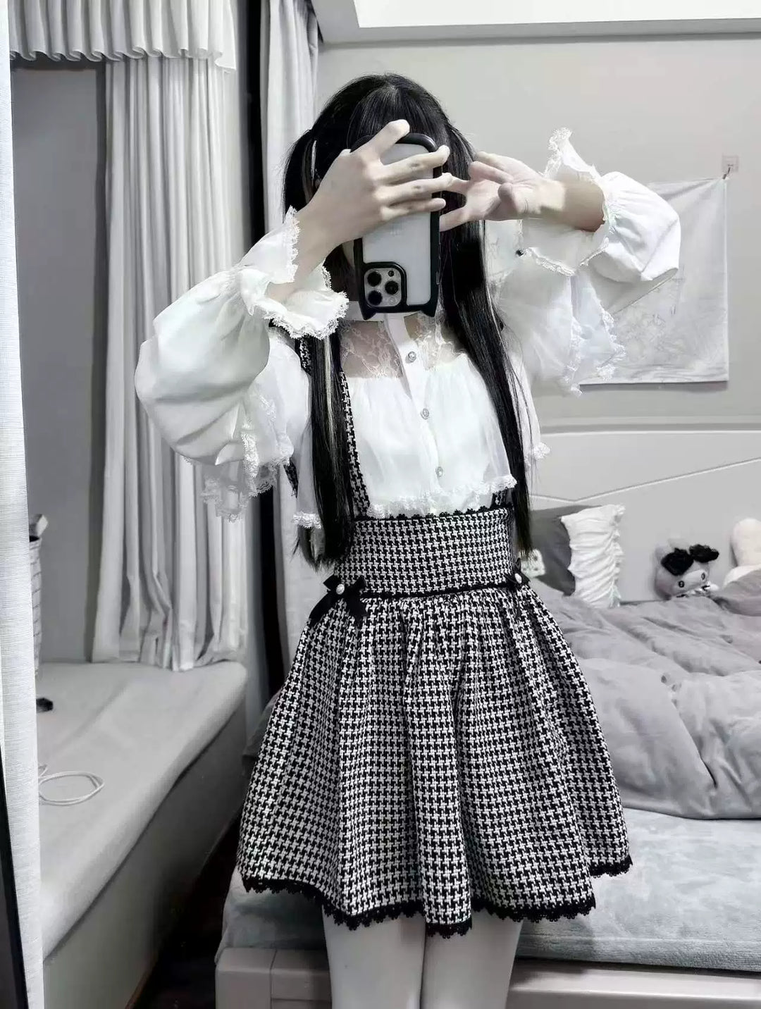 Jirai Kei Sheer Lace Shirt, Houndstooth Suspender Skirt 44894:827660