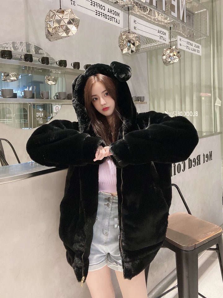 Jirai Kei Winter Coat Thick Fleece Hooded With Cute Bunny Ears 32468:386310