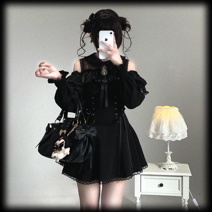 Jirai Kei Open-Shoulder Dress, Bust Lace Flounce Hem 44468:809968