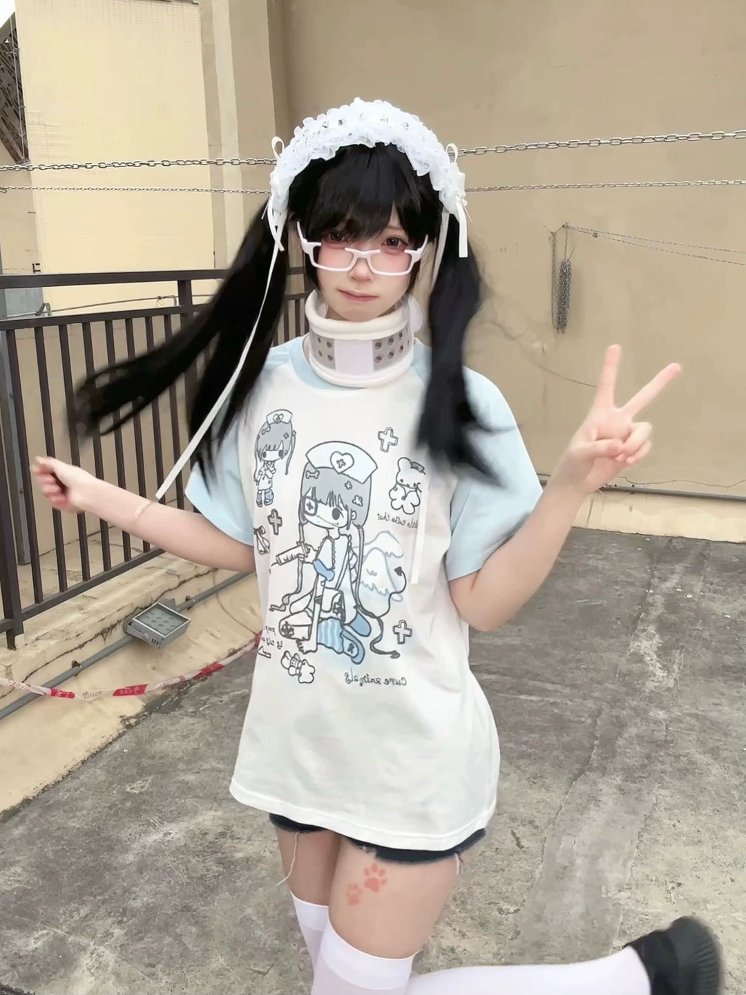 Yami Kawaii Cotton T-Shirt with Angelic Nurse Print 42852:755356