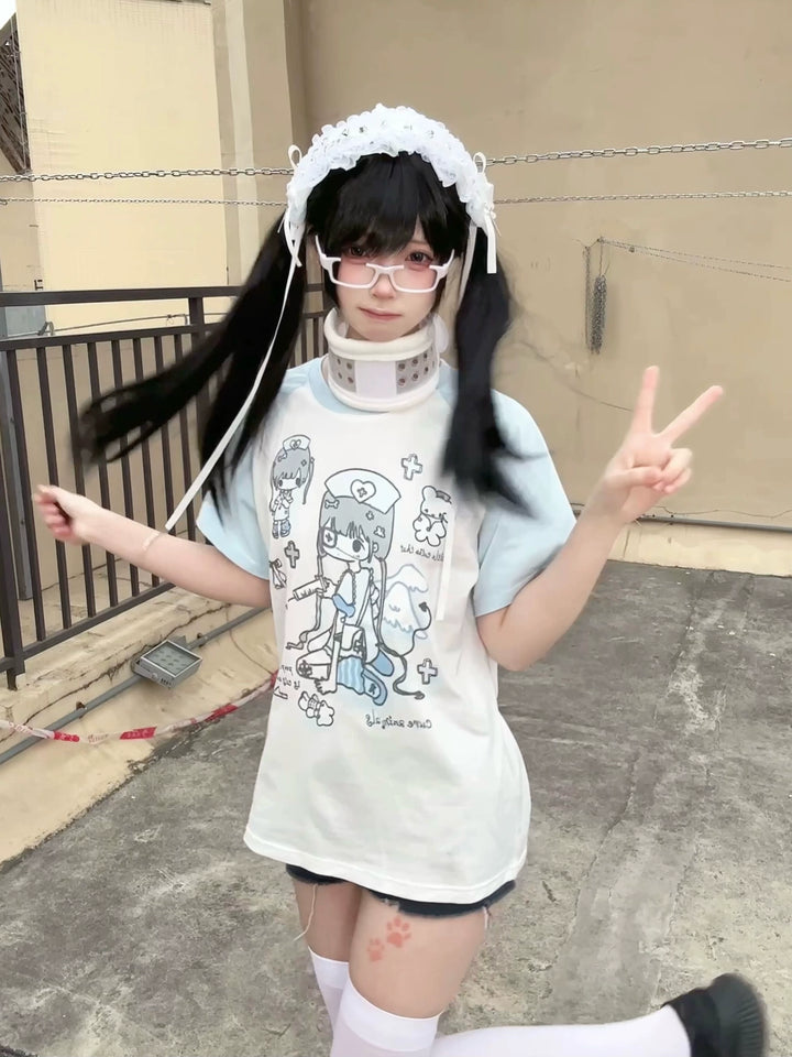 Yami Kawaii Cotton T-Shirt with Angelic Nurse Print 42852:755356