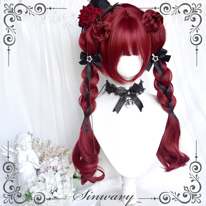 Gothic Lolita Wig Raspberry Red Claw Clip Double Ponyails 39354:640696