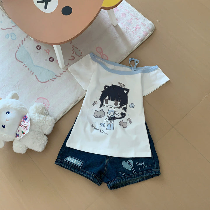 Open-Shoulder Summer Kawaii T-Shirt, Otaku Style Print 43559:779905