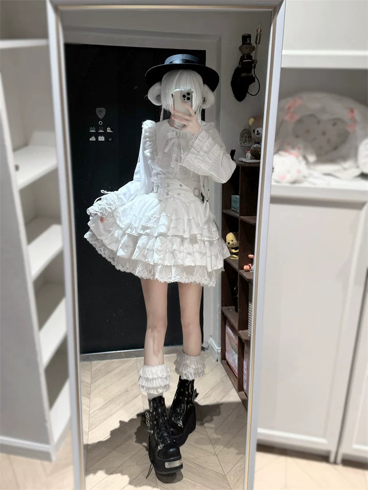 Jirai Kei Lace Blouse, High-Waist Tiered Skirt 44525:823077