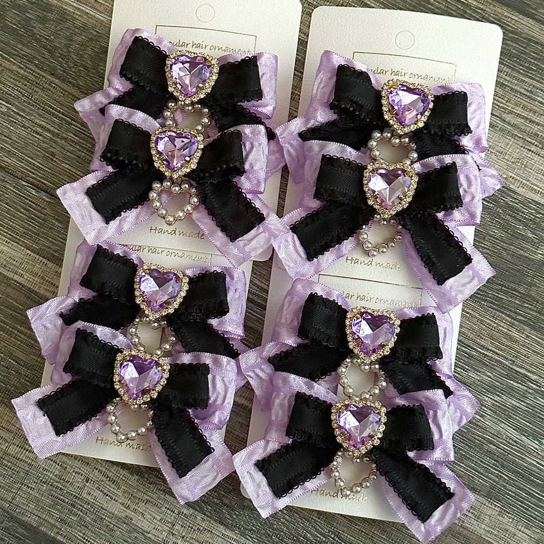 Jirai Kei Hair Clip Black Purple Rhinestone Bow Hair Clip 32182:467238 32182:467238