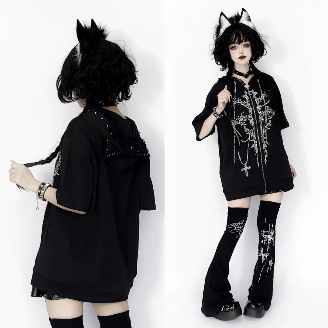 Subculture T-shirt Short Sleeve Top Cat Ear Hooded 39670:636410