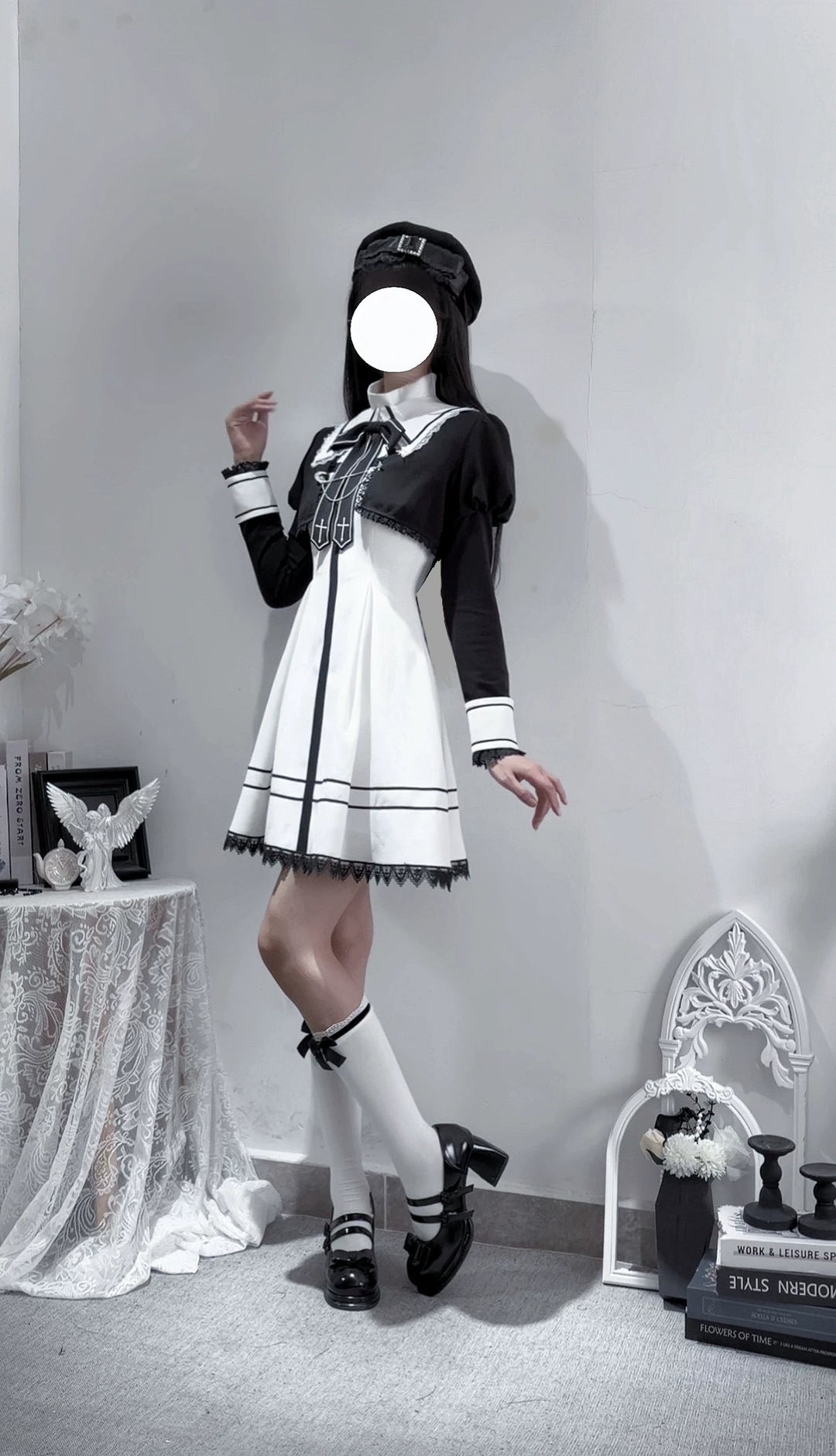 Gothic Dress with Pleated Hem, Detachable Faux Collar 45807:865831
