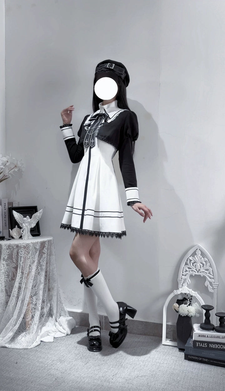 Gothic Dress with Pleated Hem, Detachable Faux Collar 45807:865831