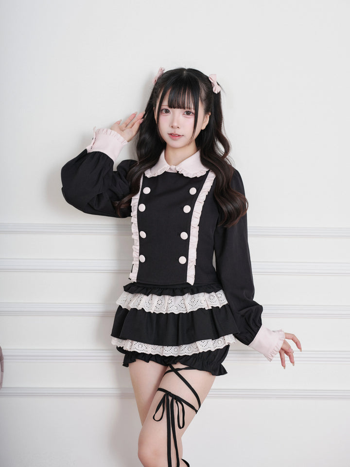 Jirai Kei Double-Breasted Top, Tiered Skort (Black / M S) 45931:871194