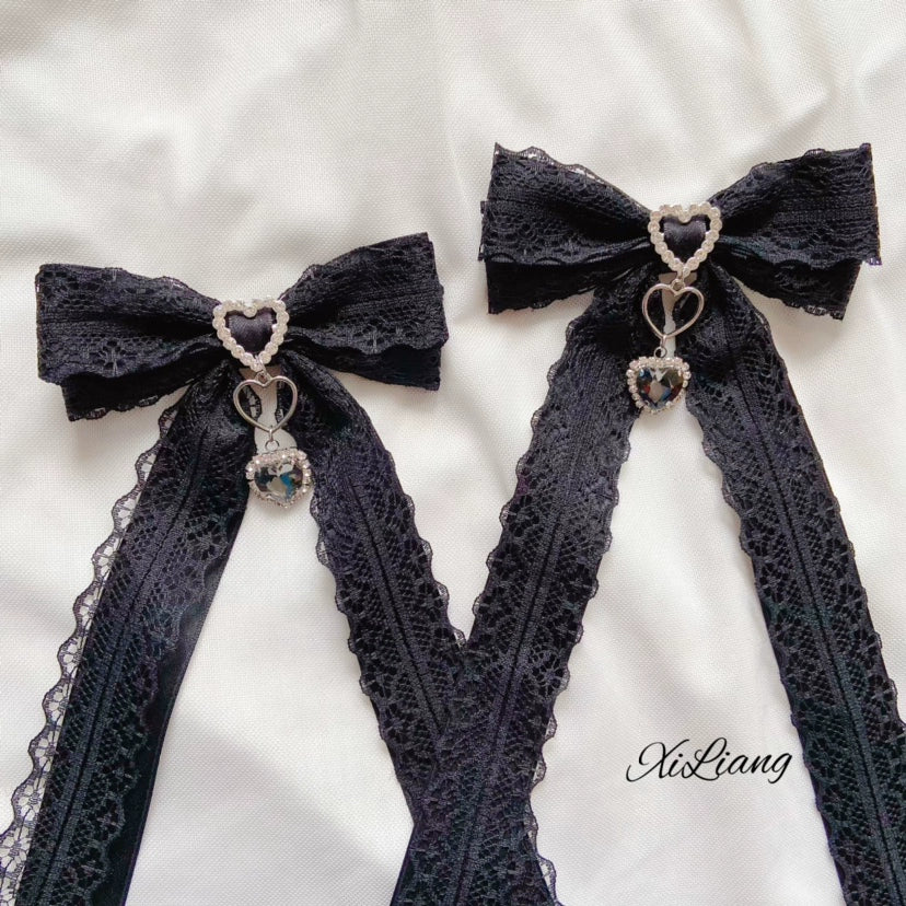 Handmade Lolita Hair Clip Black Lace Bow Rhinestone Hairpins 28906:358434 28906:358434