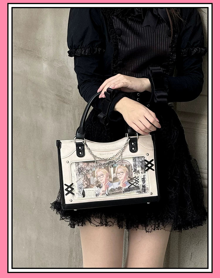 Y2K Square Shaped Ita Bag, Clear Window & Star Chain 45418:848176