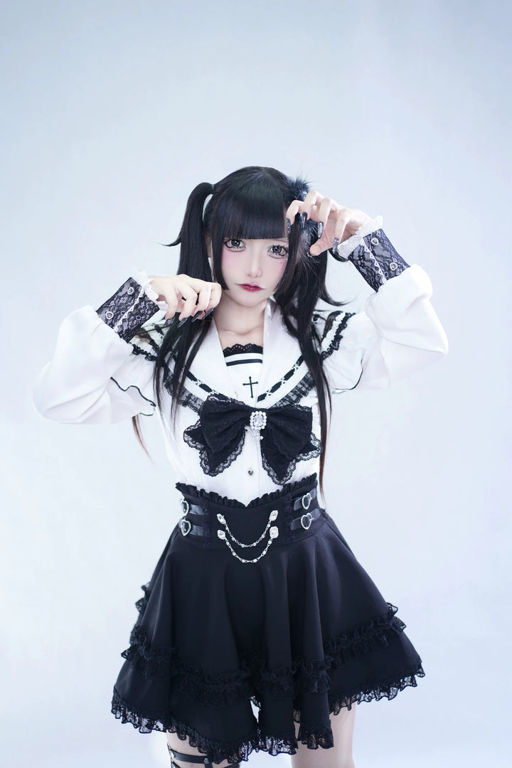 Lace Jirai Kei Sailor Collar Blouse, High Waist Skirt Set 45626:859323