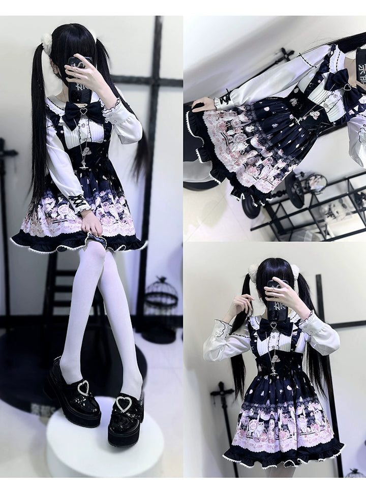 Kawaii Ryousangata Dress Long-sleeved Cat Printed OP Dress 40560:664788