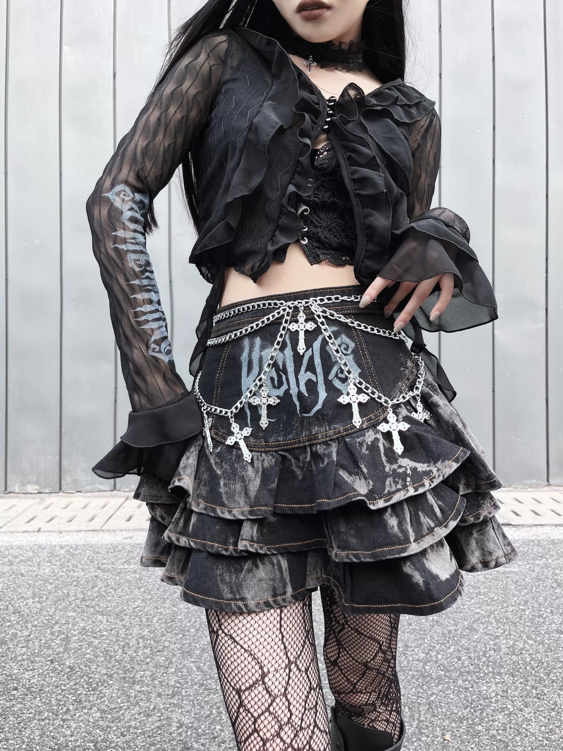 Gothic Puffy Skirt Subculture High Waist Denim Skirt 37472:560794