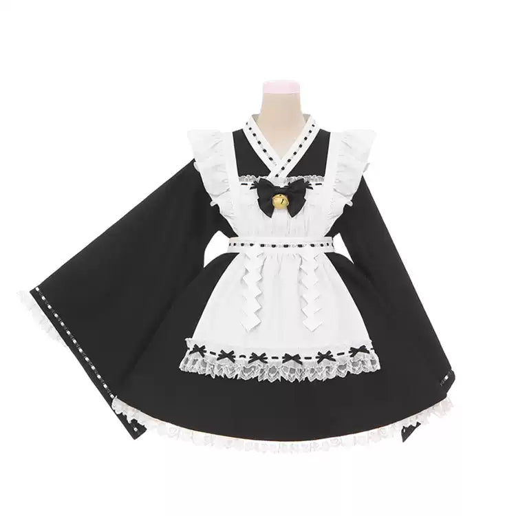 Kawaii Black Maid Blouse Flutter Sleeve Apron Suspender Skirt Set (L M S) 42282:735169