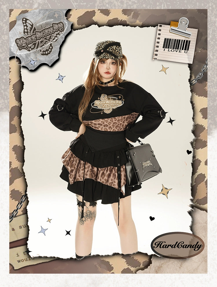 Plus Size Gyaru Outfit Set Leopard Plaid Skirt Set 39400:627824