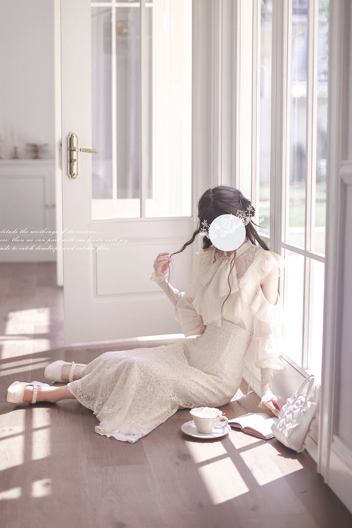 Elegant Open-Shoulder Blouse, Lace Mermaid Skirt 44039:793647