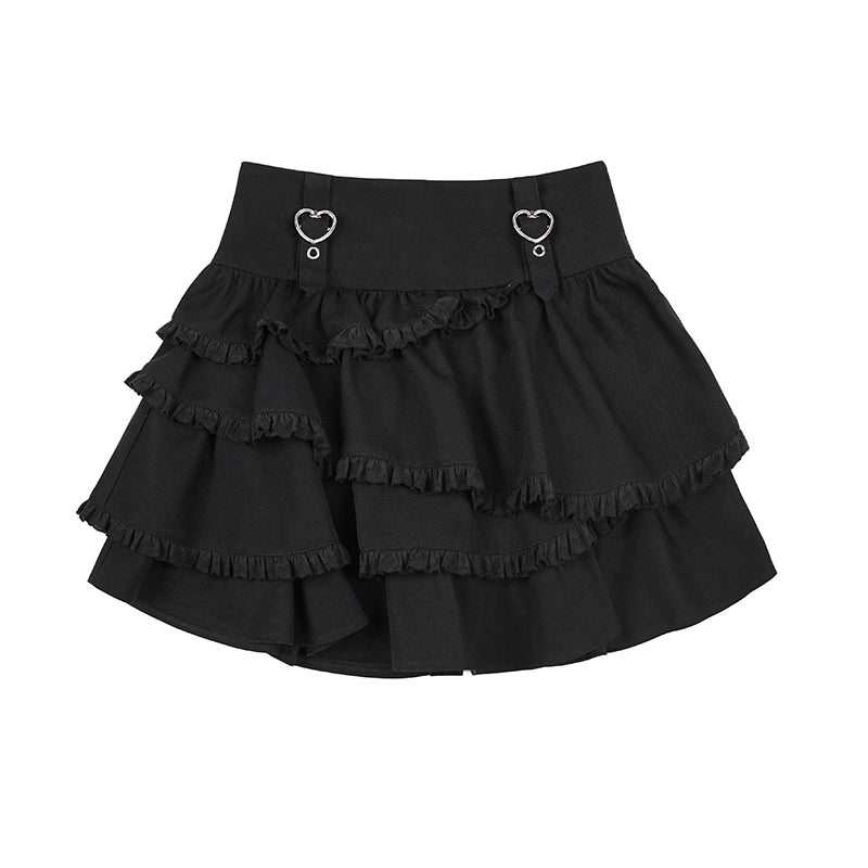 Black Jirai Kei Skirt Sweetheart Tiered Skirt High Waist Mini Skirt (L M S / Black) 32454:422616 (L M S / Black) 32454:422616