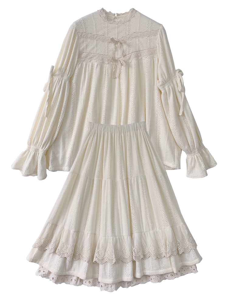 Mori Kei Retro Sweet Beige Blouse Skirt (L M) 22556:330806