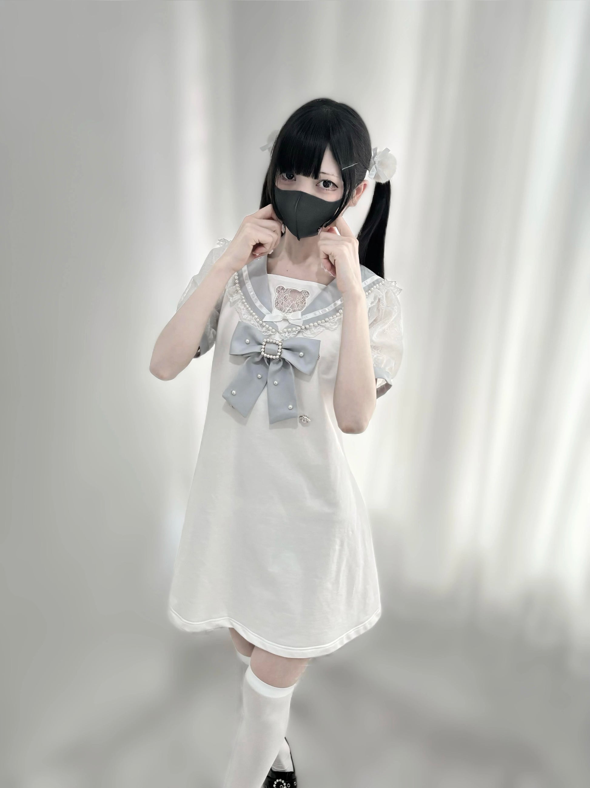 Jirai Kei Dress Pearl Embroidered Dress Short Sleeve Dress 37648:568046
