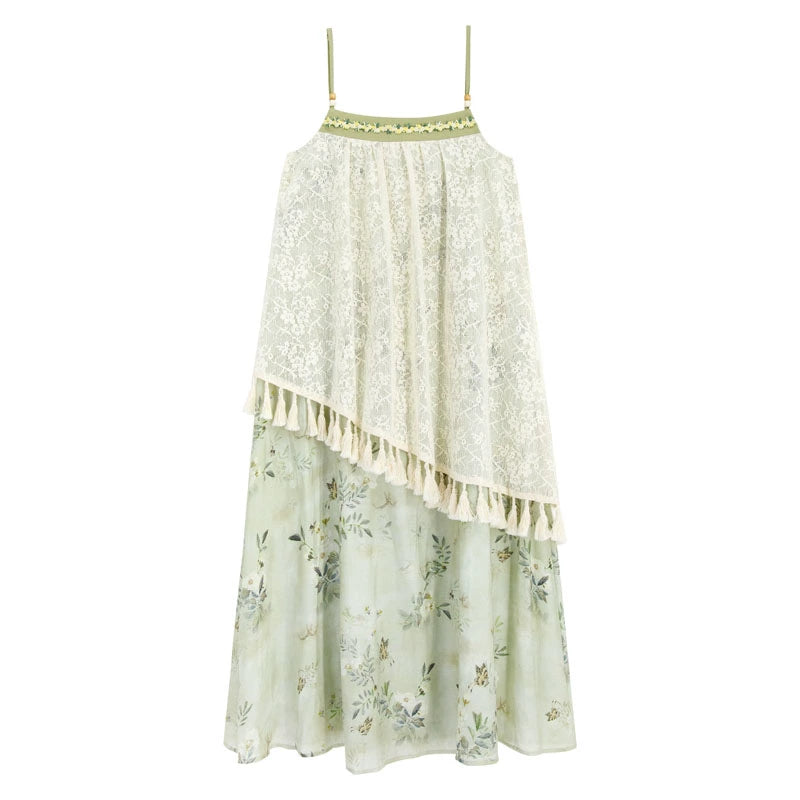 Cottagecore Dress Mori Kei Strap Dress Floral Dress With Tassels (L M S / Green) 36246:534292