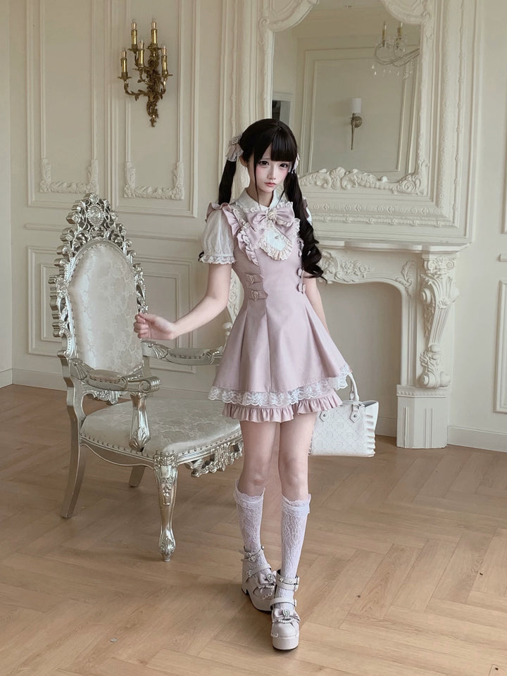 Ryousangata Pleated Hem Dress, Pearl-trimmed Neckline 45554:853359