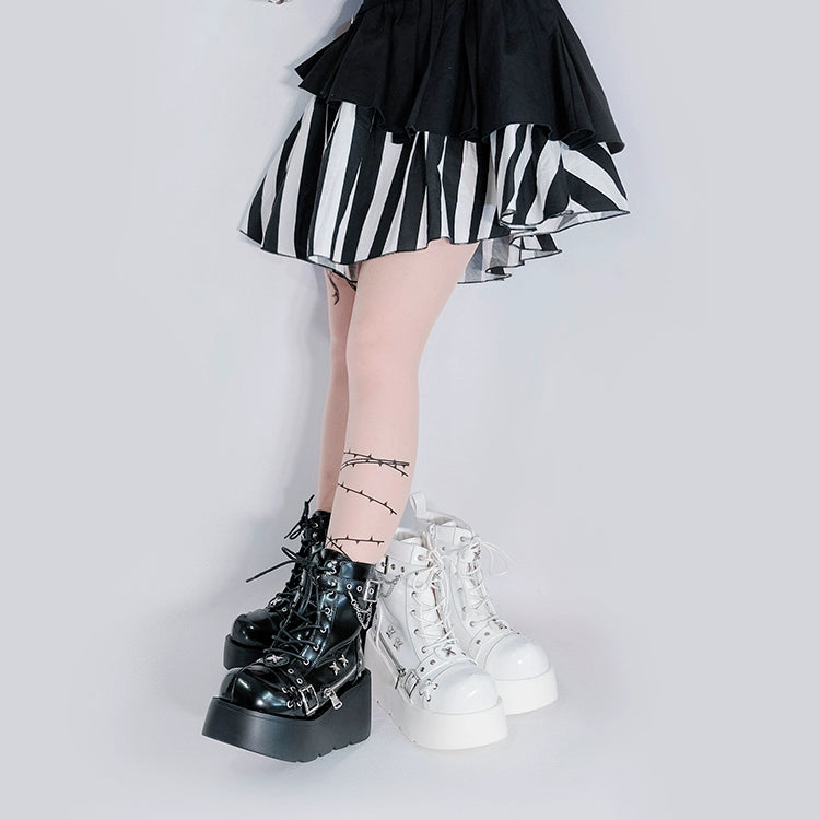 Punk Shoes Black White Platform Gyaru Fashion Combat Boots 29710:368866