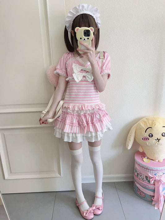Kawaii Pink T-shirt Tiered Skirt Cute Printed Outfit Sets 37688:566986