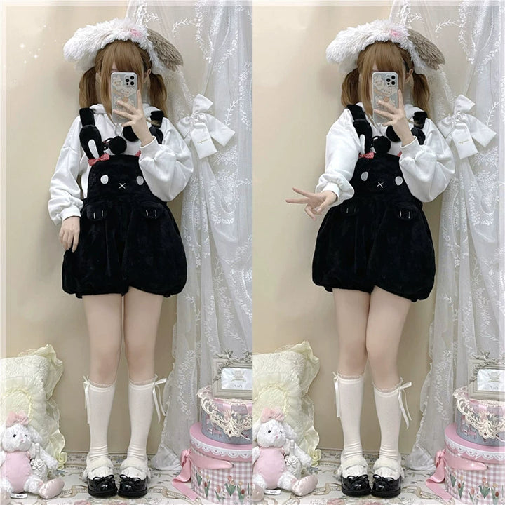 Kawaii Fashion Fluffy Bunny Bear Overalls Hoodie Bear Bag 22628:333420