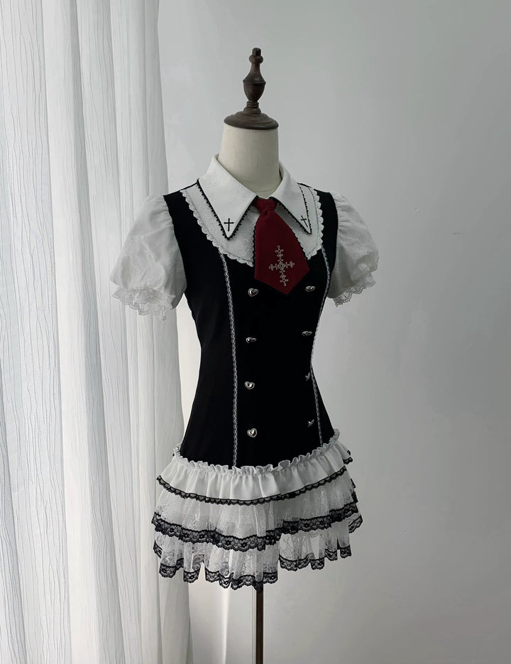 Preppy Style Low-Waist Dress Set, Cross Details (L M S XL) 44746:823822