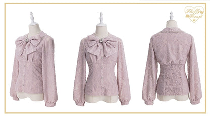 Jirai Kei Blouse White Pink Lace Chiffon Pearl Long Sleeve Shirt 33754:443476