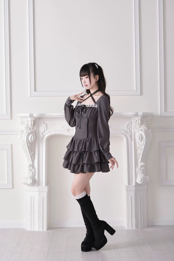 Jirai Kei Halter Neck Dress, Tiered Ruffles 44688:819229