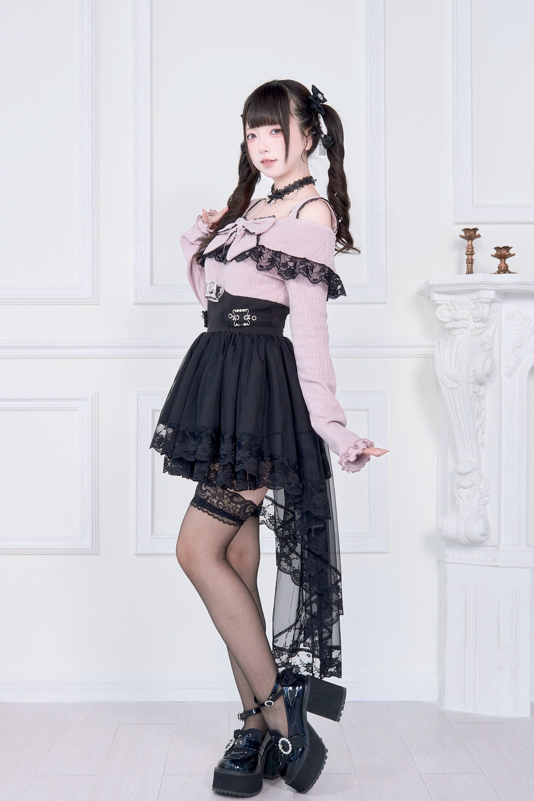 Faux Two-piece Jirai Kei Open Shoulder Dress 43866:787837
