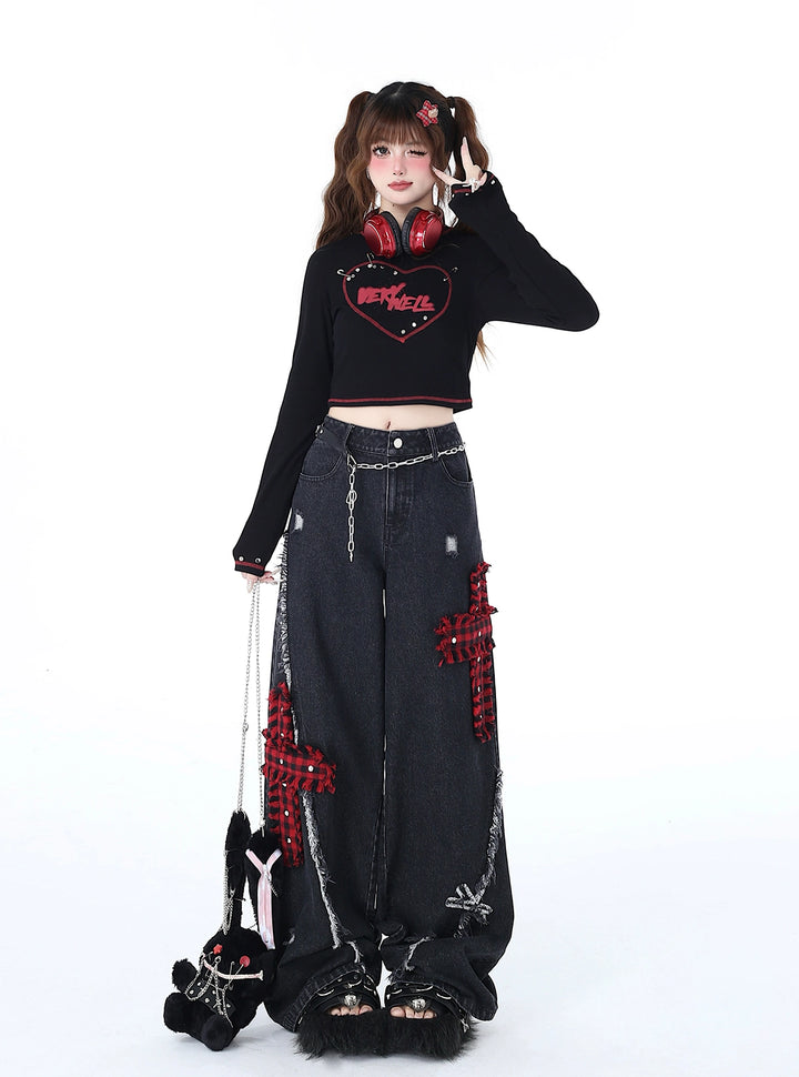 Punk Wide-Leg Pants Subculture Trousers Black Straight Jeans 39548:632768